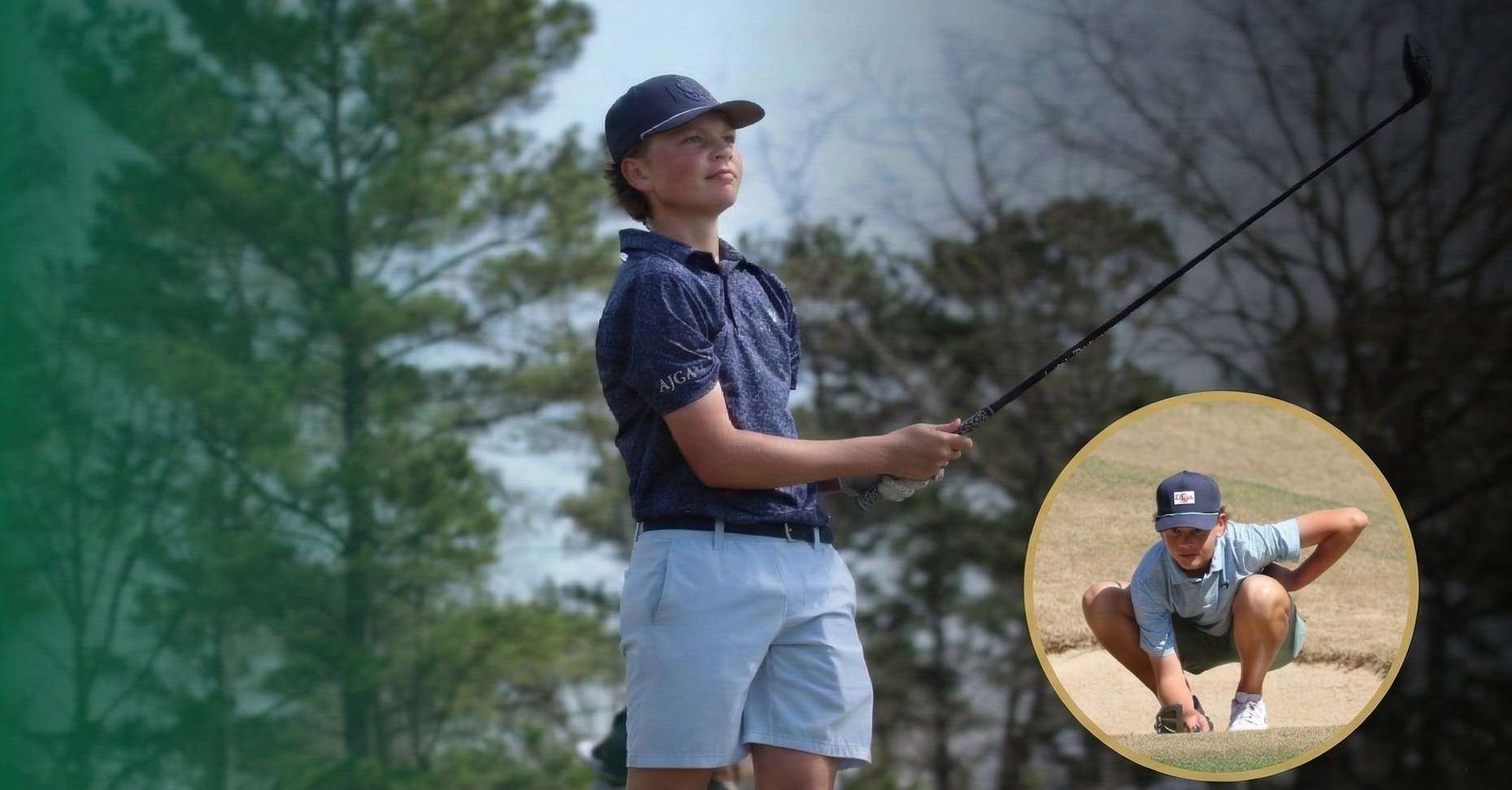 Caden Barber watching a tee shot, with an inset of him reading a putt